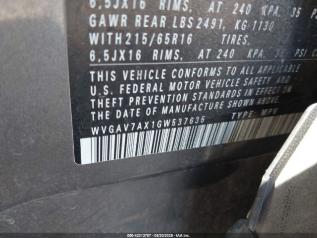 WVGAV7AX1GW537635 Volkswagen TIGUAN S