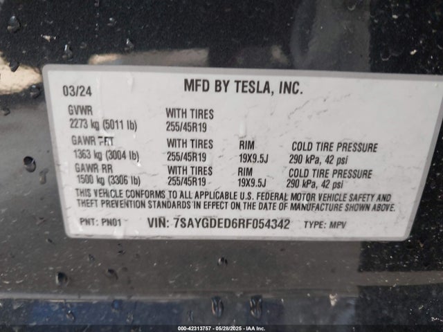2024 Tesla Model Y Rwd მანქანა იყიდება აუქციონზე, vin: 7SAYGDED6RF054342, აუქციონის ნომერი: 42313757