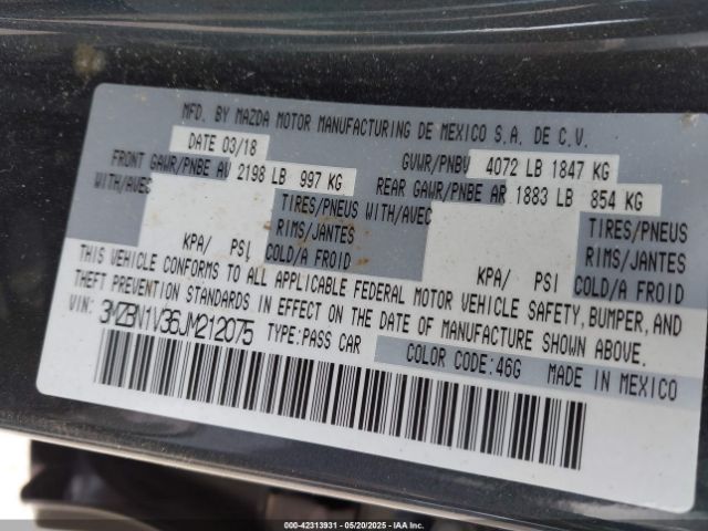 3MZBN1V36JM212075 Mazda Mazda3 Touring