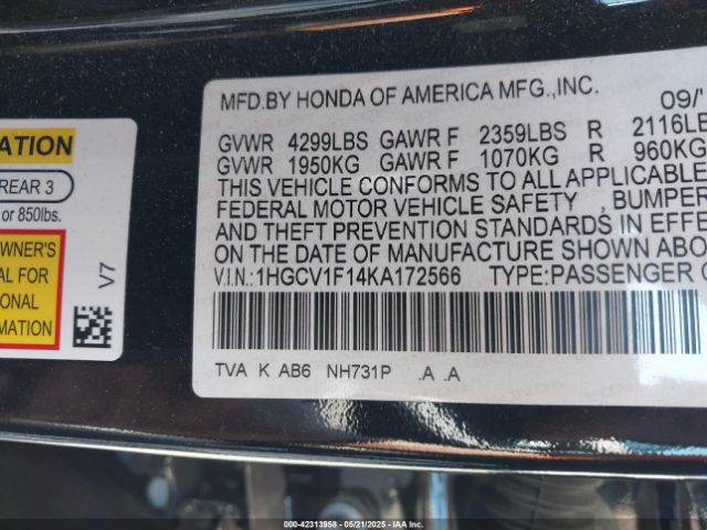 2019 HONDA ACCORD 1HGCV1F14KA172566 Photo 8