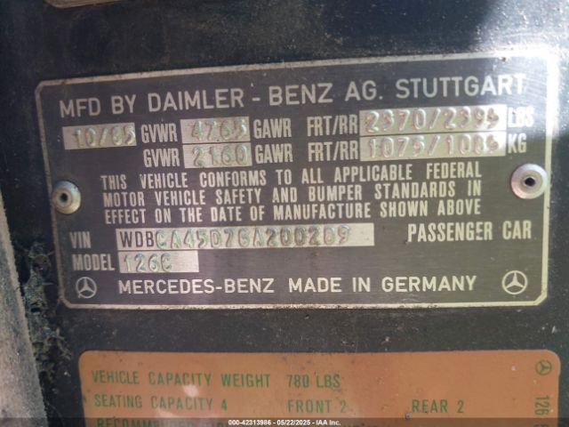 1986 MERCEDES-BENZ 560 WDBCA45D7GA200289 Photo 8