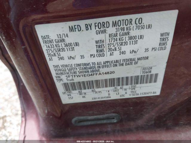1FTFW1EG4FFA14820 Ford F-150 Lariat