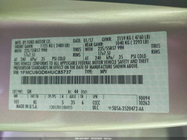 1FMCU9GD6HUC85737 Ford ESCAPE SE