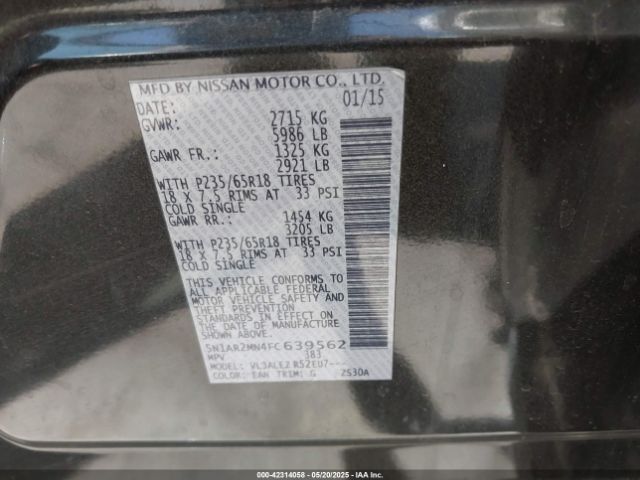 5N1AR2MN4FC639562 Nissan Pathfinder Platinum/s/sl/sv