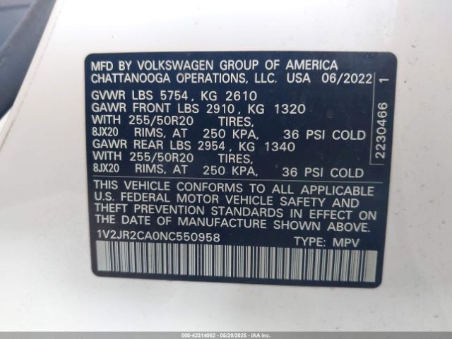 2022 VOLKSWAGEN ATLAS 1V2JR2CA0NC550958 Photo 8