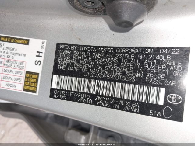 2022 TOYOTA COROLLA JTDEAMDE8N3010023 Photo 8