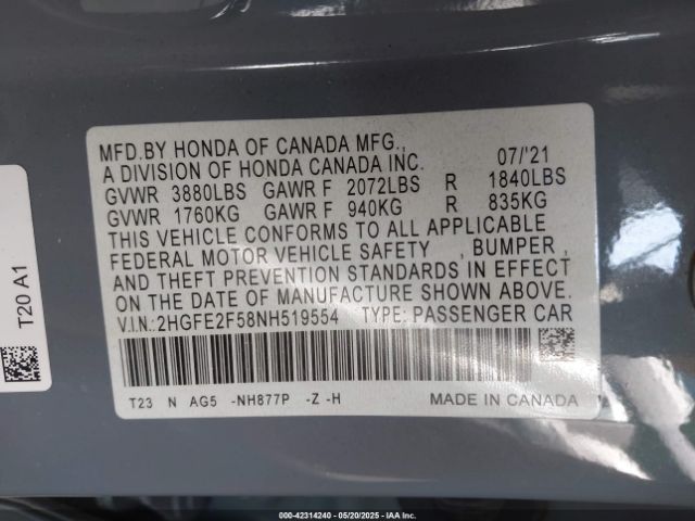 2HGFE2F58NH519554 Honda Civic Sport