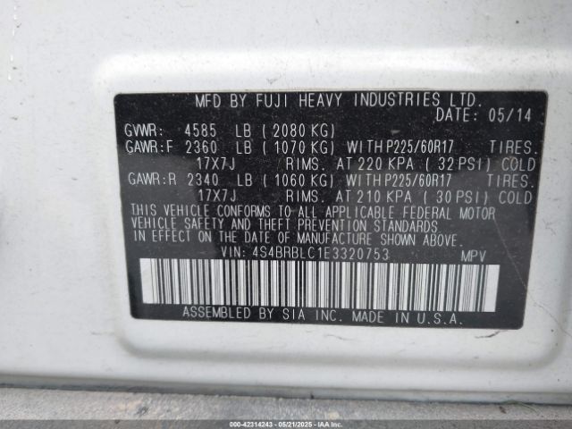 4S4BRBLC1E3320753 Subaru Outback 2.5i Limited
