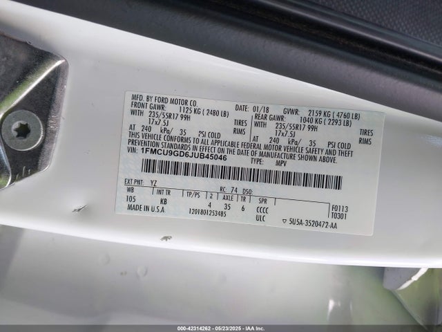 1FMCU9GD6JUB45046 Ford ESCAPE SE