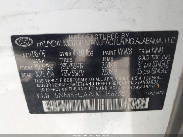 5NMS5CAA1KH136238 Hyundai Santa Fe Limited 2.0t