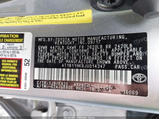4T1B11HK8JU014347 Toyota CAMRY SE
