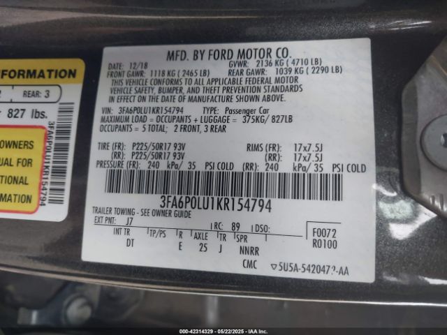 2019 FORD FUSION HYBRID 3FA6P0LU1KR154794 Photo 8