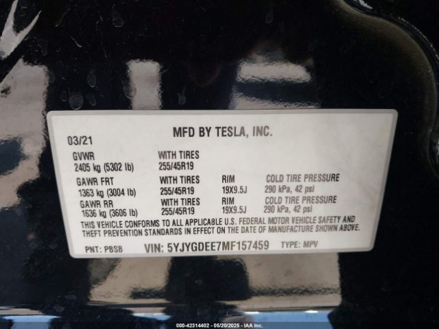 2021 TESLA MODEL Y 5YJYGDEE7MF157459 Photo 8