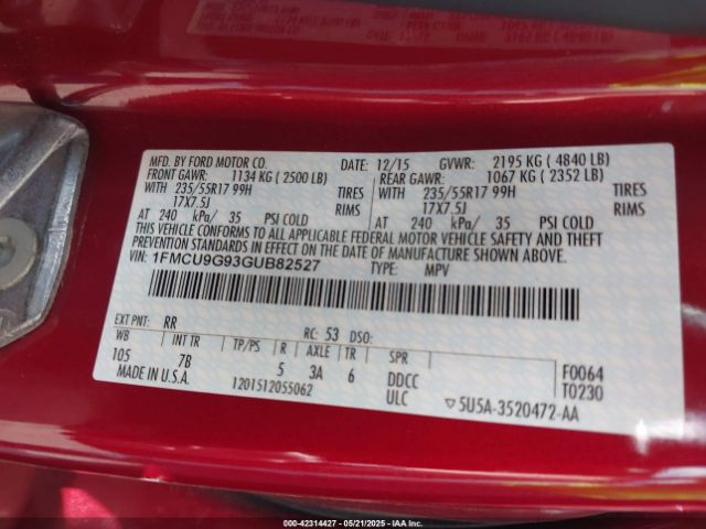 1FMCU9G93GUB82527 Ford 2016