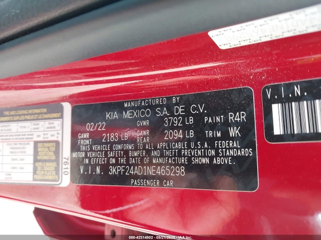 3KPF24AD1NE465298 KIA mpi nu