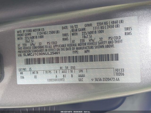 5LMCJ1C90NUL25461 Lincoln Corsair Standard