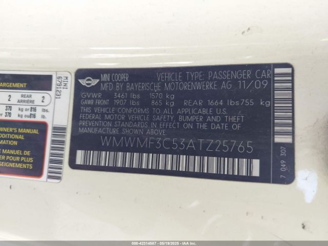 2010 MINI COOPER WMWMF3C53ATZ25765 Photo 8
