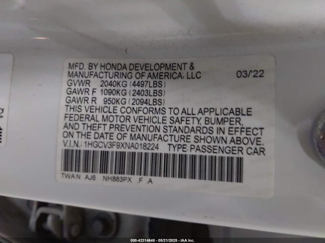 1HGCV3F9XNA018224 Honda lfb2