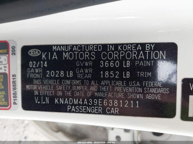 KNADM4A39E6381211 KIA RIO LX