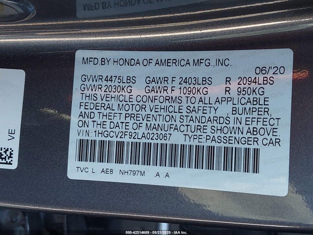 1HGCV2F92LA023067 Honda k20c4