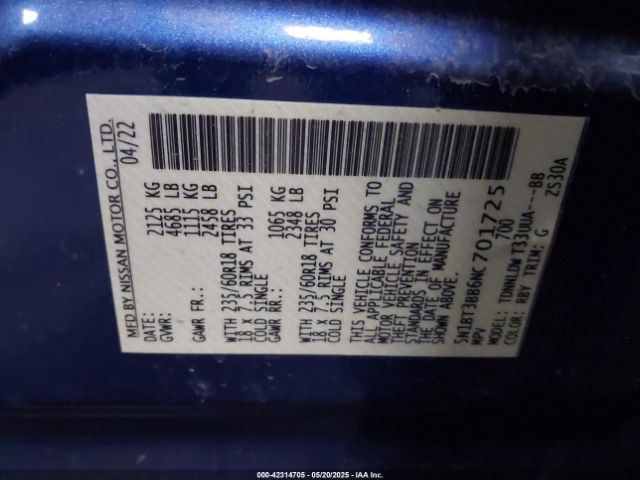 5N1BT3BB6NC701725 Nissan ROGUE SV