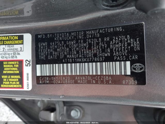 4T1B11HK6KU778697 Toyota CAMRY SE