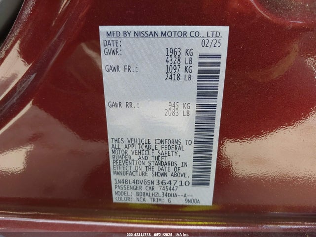 1N4BL4DV6SN364710 Nissan Altima Sv Fwd