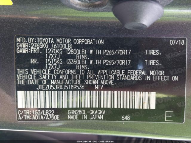 2018 TOYOTA 4RUNNER JTEZU5JRXJ5189536 Photo 8