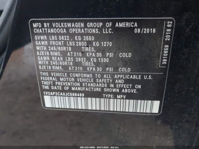 1V2AP2CA0JC598489 Volkswagen Atlas 2.0t S