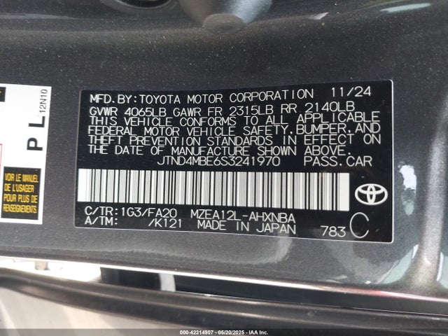 JTND4MBE6S3241970 Toyota m20a-fks