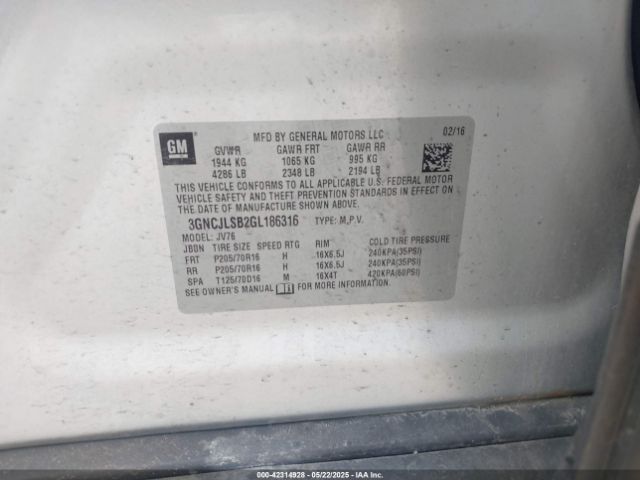 3GNCJLSB2GL186316 Chevrolet Trax Lt