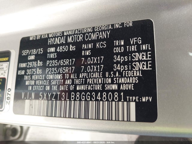 5XYZT3LB8GG348081 Hyundai gdi theta ii