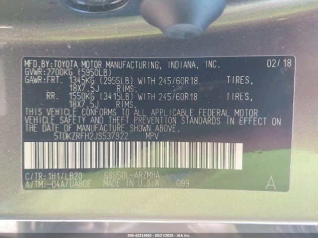 2018 TOYOTA HIGHLANDER 5TDKZRFH2JS537922 Photo 8