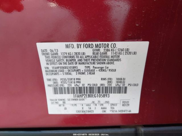 1FAHP2E80EG105893 Ford TAURUS SEL