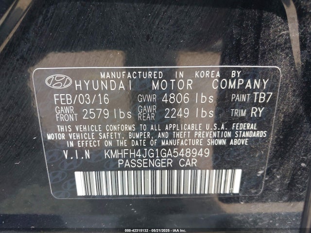 KMHFH4JG1GA548949 Hyundai Azera Limited