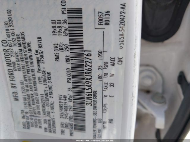 3LN6L5A9XJR622761 Lincoln 2.0l gtdi high w/premium fuel