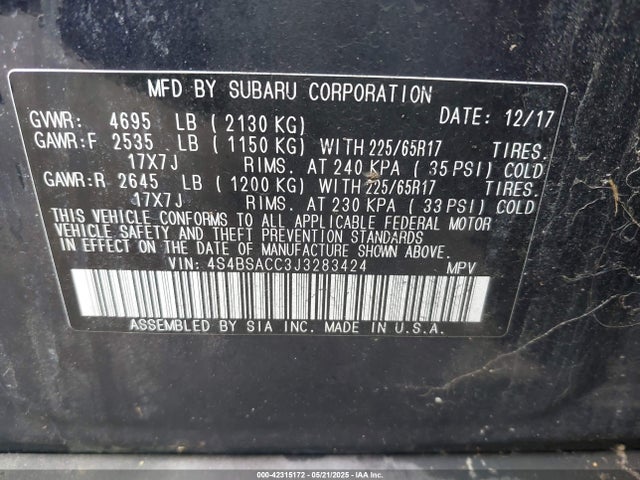 4S4BSACC3J3283424 Subaru Outback 2.5i Premium