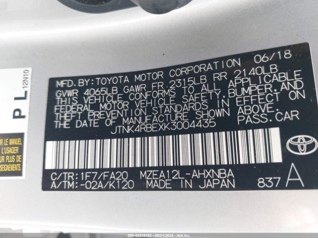2019 TOYOTA COROLLA JTNK4RBEXK3004435 Photo 8