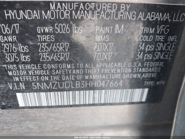 5NMZUDLB3HH047664 Hyundai Santa Fe Sport 2.4l