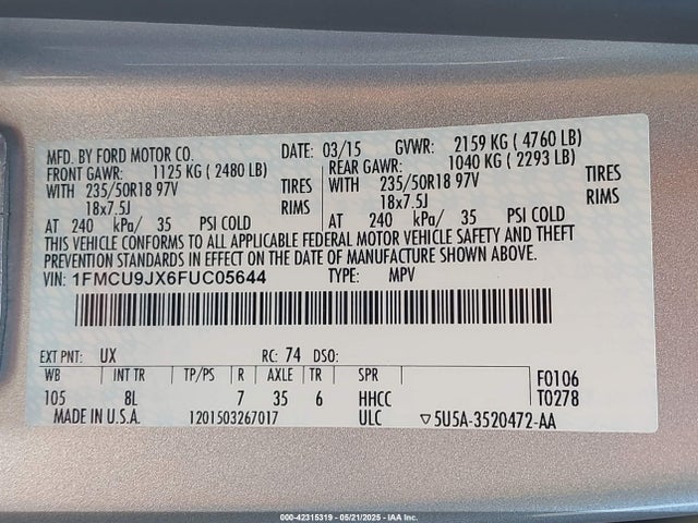 Ford 2015 2015 1FMCU9JX6FUC05644 Image 9