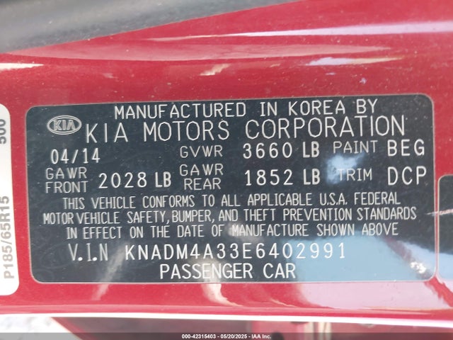 KIA dohc gamma 2014 KNADM4A33E6402991 Image 9