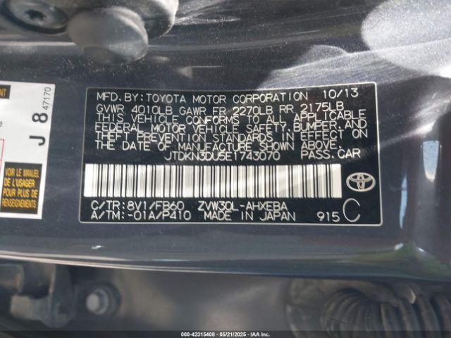 JTDKN3DU5E1743070 Toyota Prius Two