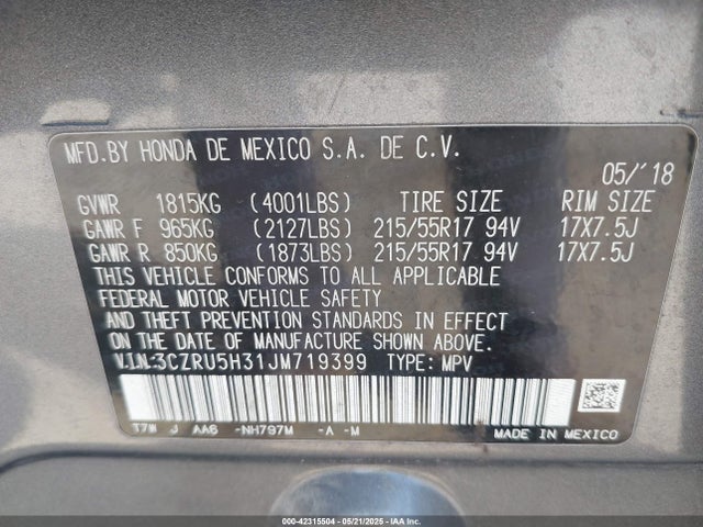 3CZRU5H31JM719399 Honda HR-V LX