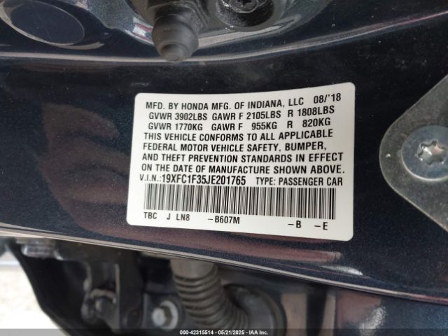 19XFC1F35JE201765 Honda Civic Ex-t