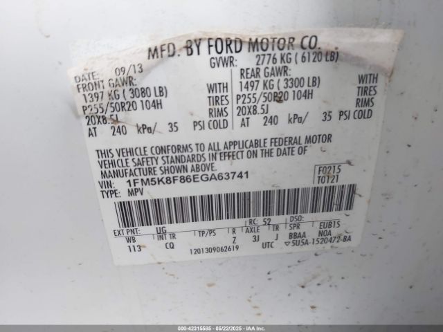 1FM5K8F86EGA63741 Ford Explorer Limited