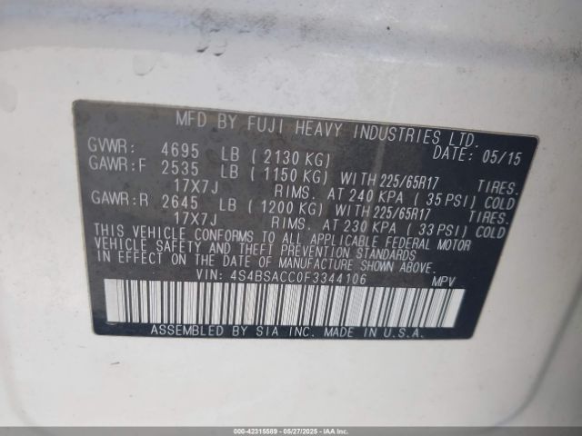 4S4BSACC0F3344106 Subaru Outback 2.5i Premium