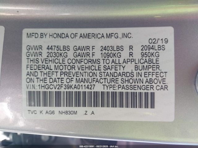 2019 HONDA ACCORD 1HGCV2F39KA011427 Photo 8
