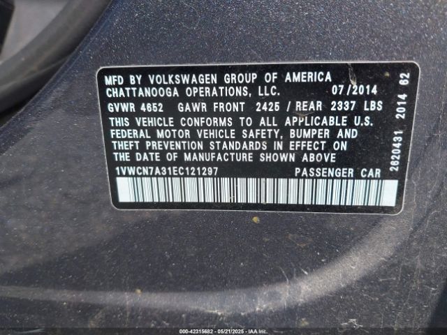 1VWCN7A31EC121297 Volkswagen Passat 2.0l Tdi Sel Premium
