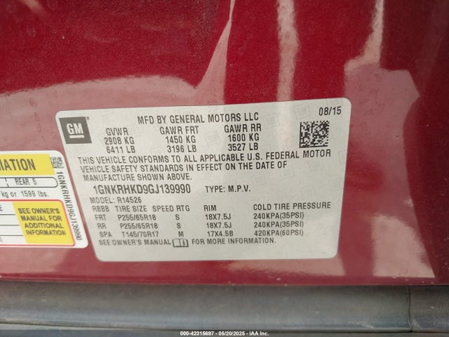 1GNKRHKD9GJ139990 Chevrolet llt - sidi, alum, 60 degrees