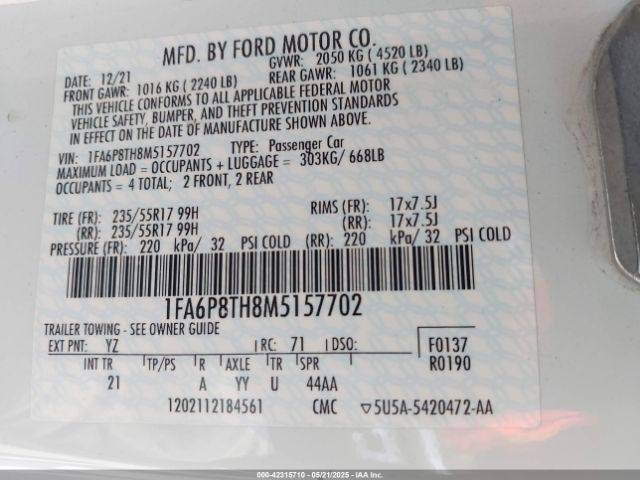 2021 FORD MUSTANG 1FA6P8TH8M5157702 Photo 8
